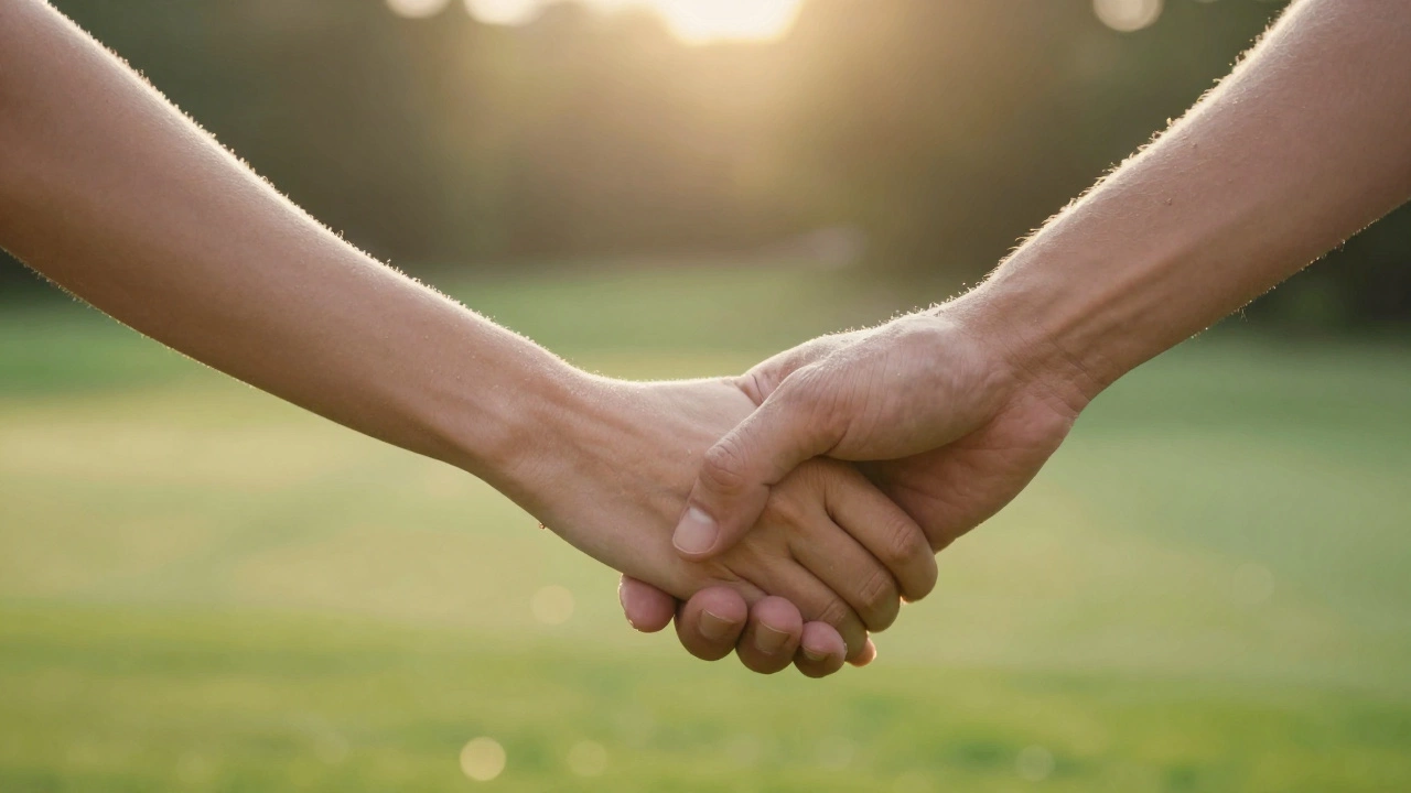 Zwei Hände halten gemeinsam einen Golfschläger, sanft und entspannt, mit Sonnenlicht durch die Blätter.
