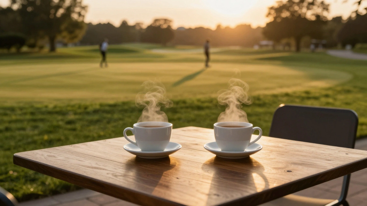 Zwei Kaffeebecher am Clubhaus, Abendsonne, leerer Stuhl daneben — ruhige Stimmung ohne Handys.